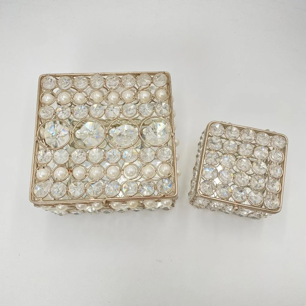 Set of 2 Crystal Rhinestone Beaded Jewelry Mirror Boxes‎ Silver Tone Hinged